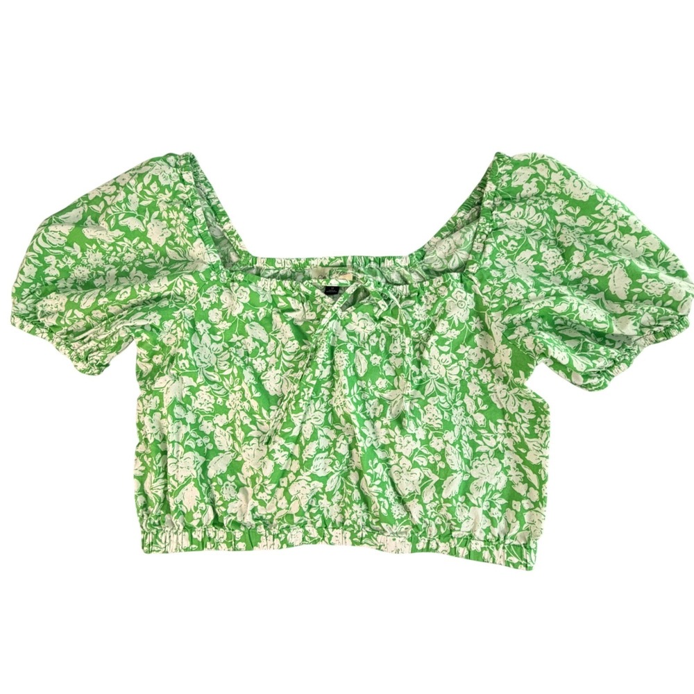 Womens Green Floral Square Neck Puff Sleeve Crop Top M Coquette Girl Milkmaid